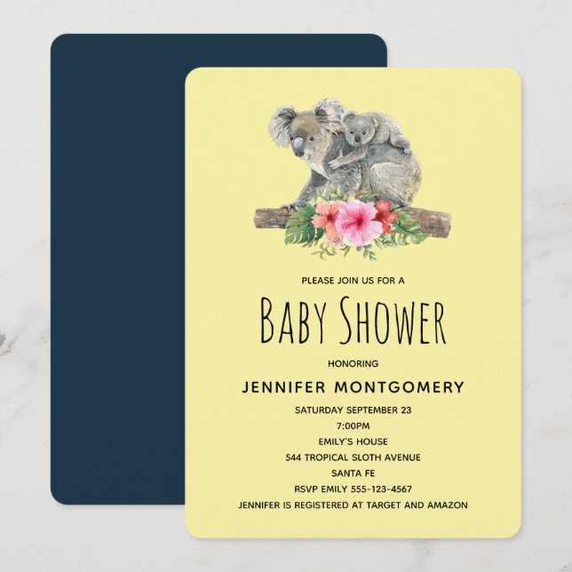 Invitación Acuarela Koala Bears Cute Mamá Y Baby Shower (Anverso / Reverso)