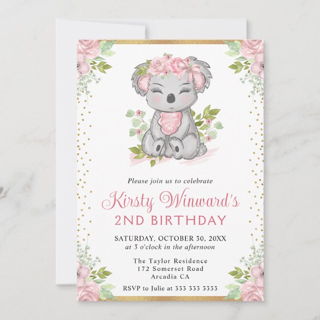 Invitación Acuarela Koala Floral Lindo Cumpleaños 2 (Anverso)