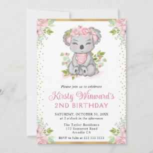 Invitación Acuarela Koala Floral Lindo Cumpleaños 2