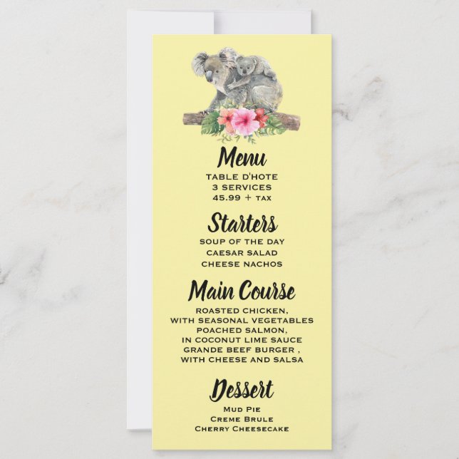 Invitación Acuarela Koala lleva un menú dulce para mamá y beb (Anverso)