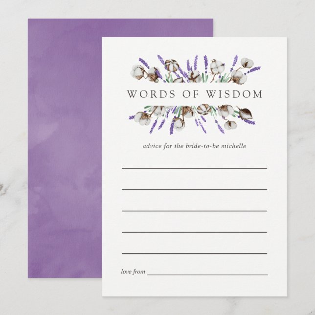 Invitación Acuarela Lavanda Cotton Consejos de Ducha Bridal (Anverso / Reverso)