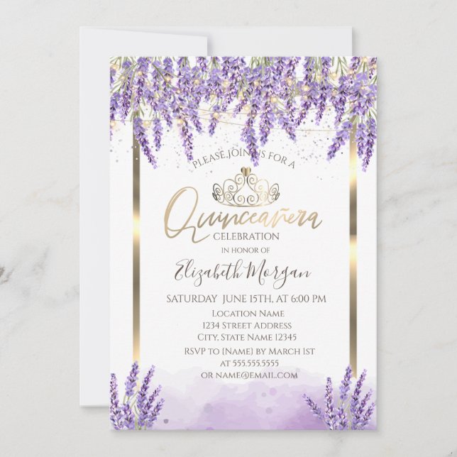 Invitación Acuarela Lavanda, Luces de Cadenas Quinceañera (Anverso)