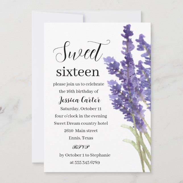 Invitación Acuarela Lavanda Púrpura Dulce Floral 16 Dieciséis (Anverso)
