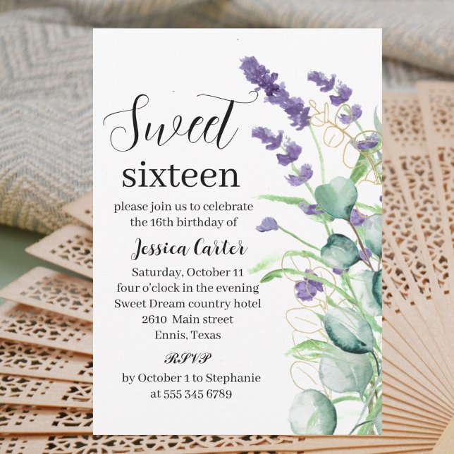Invitación Acuarela Lavanda Púrpura Eucalyptus Dulce 16 (Subido por el creador)