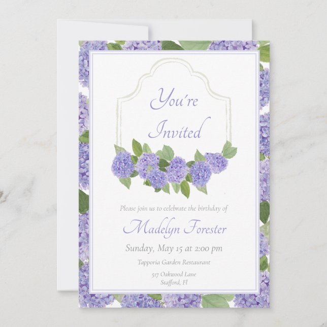 Invitación Acuarela Lavender Hydrangea Cumpleaños (Anverso)