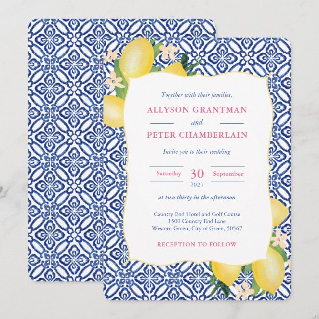 Invitación Acuarela Lemons Blue Tiles Amalfi Boda (Anverso / Reverso)