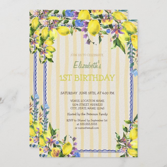 Invitación Acuarela Lemons Flores Rayas Amarillas Cumpleaños (Anverso / Reverso)