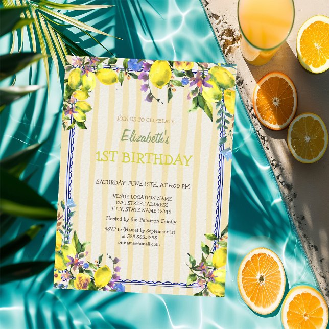 Invitación Acuarela Lemons Flores Rayas Amarillas Cumpleaños (Subido por el creador)