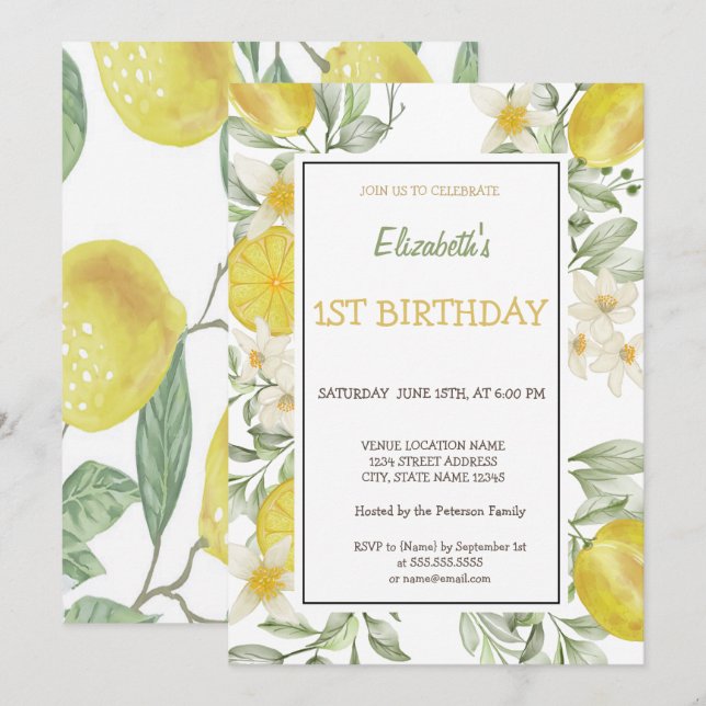 Invitación Acuarela Lemons Flowday cumpleaños (Anverso / Reverso)