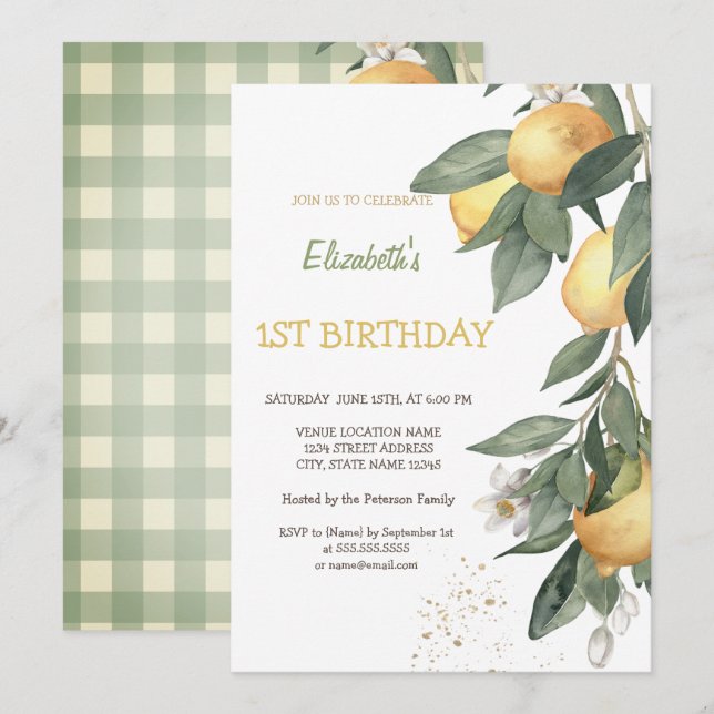 Invitación Acuarela Lemons Green Plaid Birday (Anverso / Reverso)