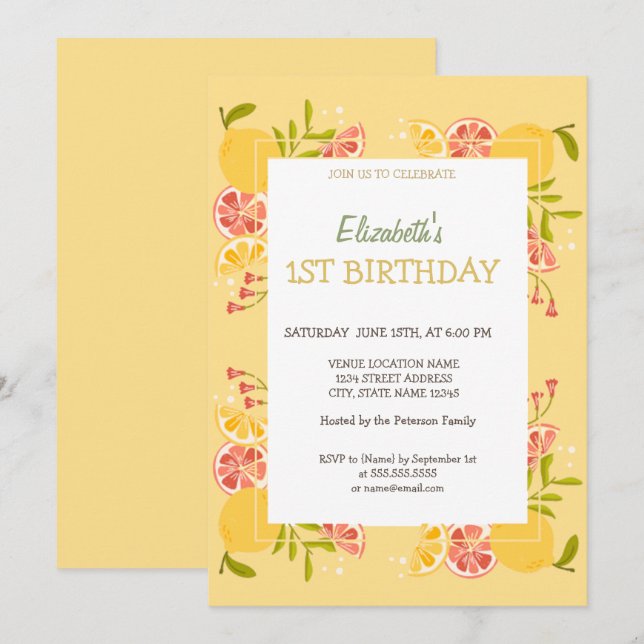 Invitación Acuarela Lemons Naranja Cumpleaños (Anverso / Reverso)