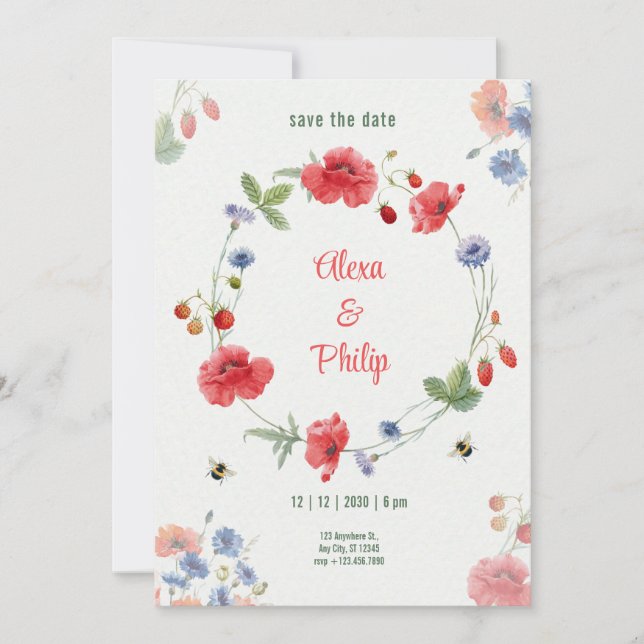 Invitación Acuarela ligeras amapolas rústicas fresas (Anverso)