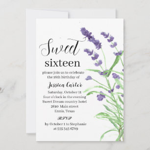 Invitación Acuarela Lila Lavanda Floral Dulces 16 Dieciséis