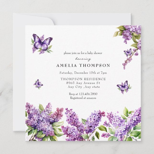 Invitación Acuarela Lilac | Baby Shower floral (Anverso)