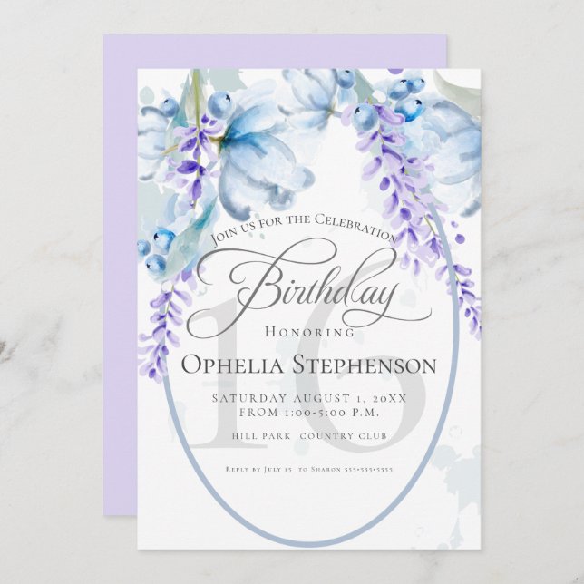 Invitación Acuarela Lilac-Dusty Blue Milestone Cumpleaños (Anverso / Reverso)