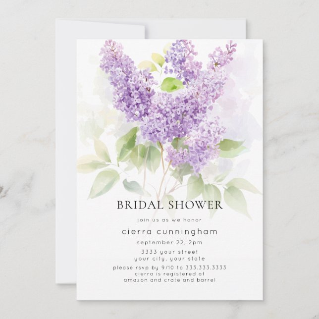 Invitación Acuarela Lilac Morada Floral Ducha de novia (Anverso)
