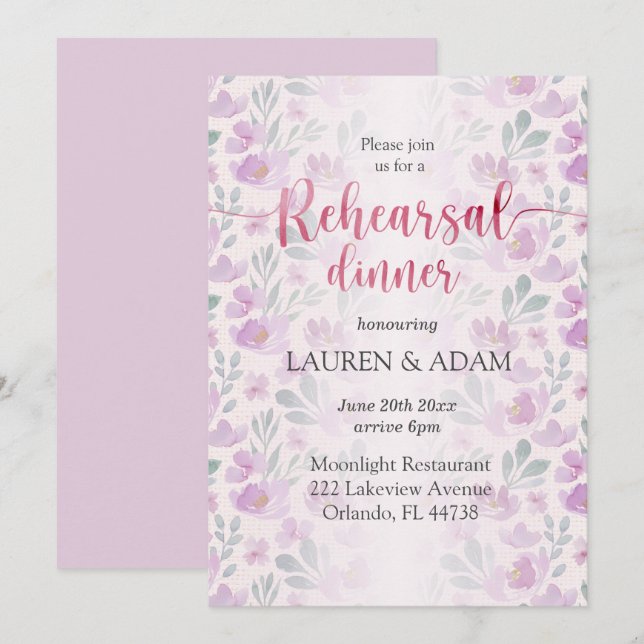 Invitación Acuarela Lílago Peony y patrón floral rosado (Anverso / Reverso)