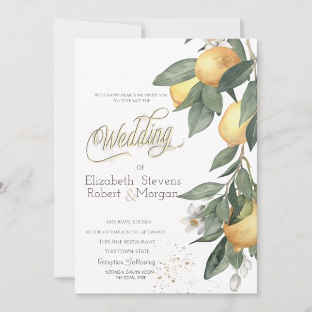 Invitación Acuarela Limones Cuadros Verdes Boda (Anverso)