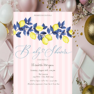 Invitación Acuarela Limones Fiesta Infantil Rayas Rosas
