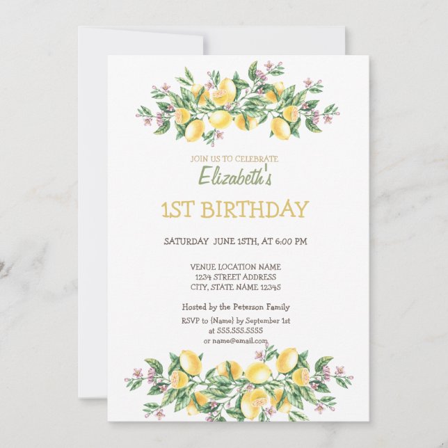 Invitación Acuarela Limones Flores Botánicas Cumpleaños (Anverso)