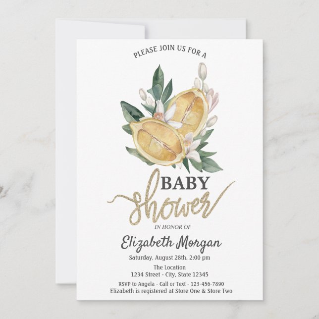 Invitación Acuarela Limones Flores Botánico Baby Shower (Anverso)
