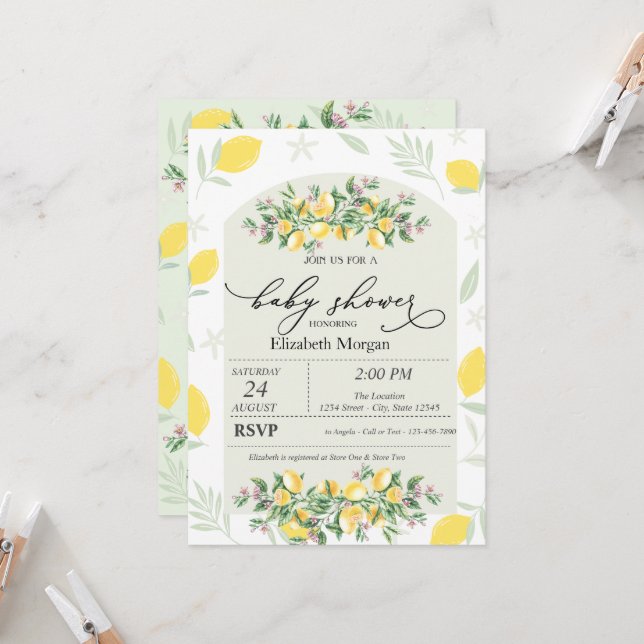 Invitación Acuarela Limones Marco Baby Shower (Anverso/Reverso In Situ)