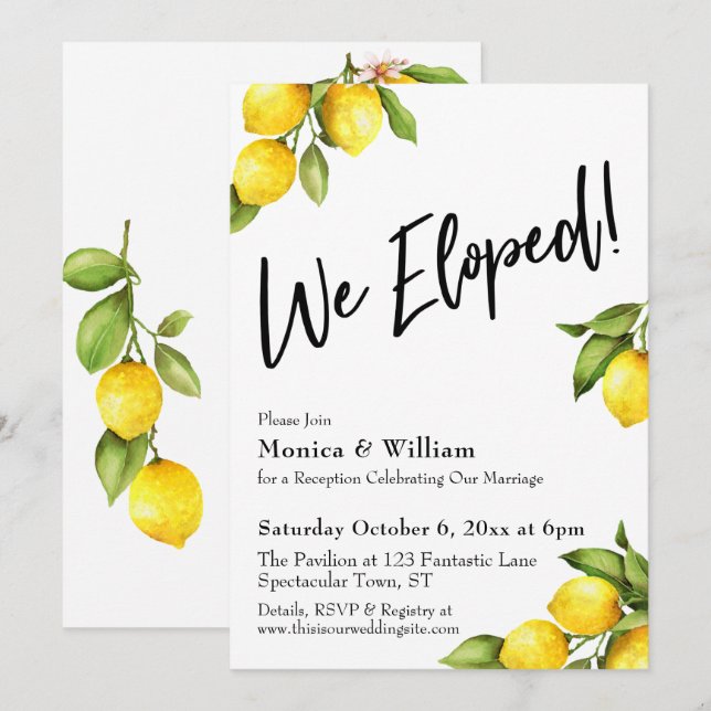 Invitación Acuarela Limones Nos Fugamos Tipografía (Anverso / Reverso)