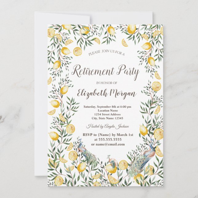 Invitación Acuarela limones pavos reales  (Anverso)