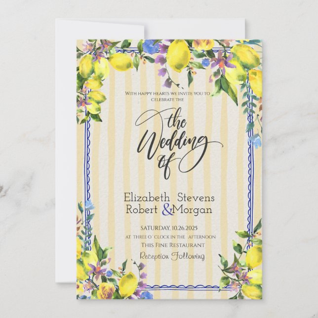 Invitación Acuarela Limones Rayas Amarillas Boda (Anverso)