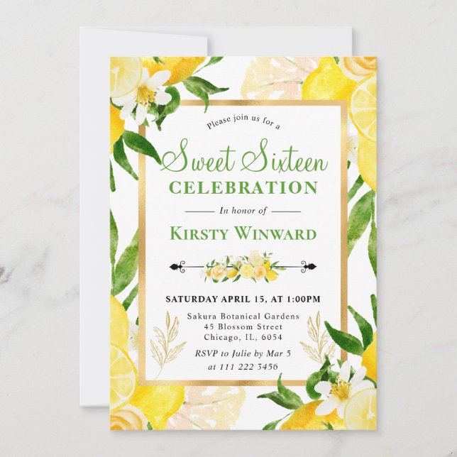 Invitación Acuarela Limones y Flores Dulces 16 (Anverso)