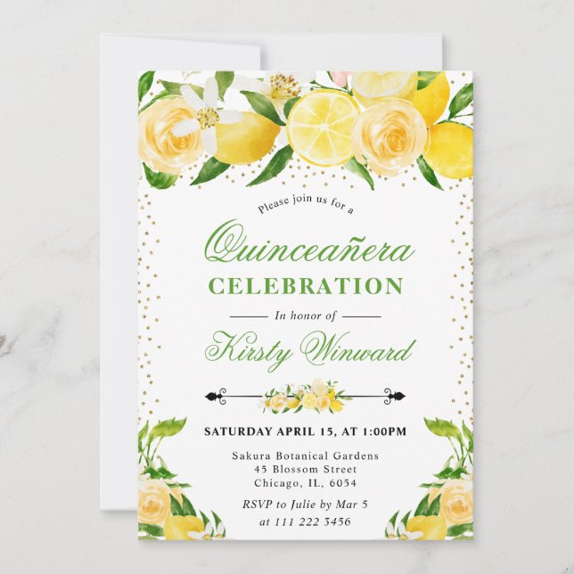 Invitación Acuarela Limones y Flores Quinceañera (Anverso)
