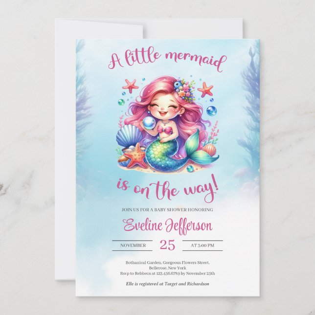 Invitación Acuarela linda sirenita está en camino (Anverso)