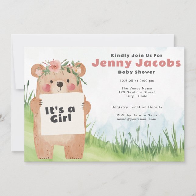 Invitación Acuarela lindo Oso Es un Baby Shower rosa chica (Anverso)