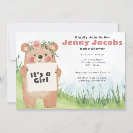 Invitación Acuarela lindo Oso Es un Baby Shower rosa chica