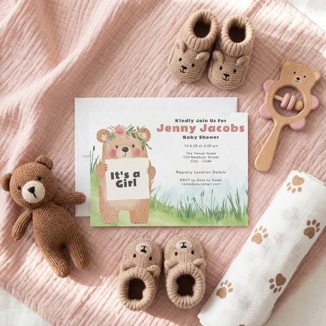 Invitación Acuarela lindo Oso Es un Baby Shower rosa chica (Watercolor cute Bear It’s a girl pink Baby Shower Invitation.)