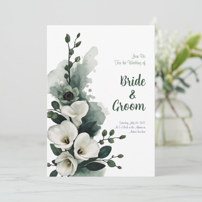 Invitación Acuarela Lirio de Calla Blanco Verde Salvia Minima (Anverso de pie)