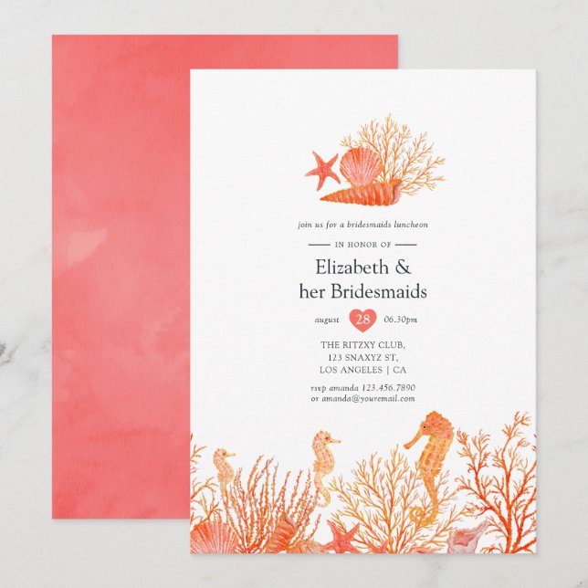 Invitación Acuarela Living Coral Beach Bridesmaids Luncheon (Anverso / Reverso)
