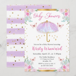 Invitación Acuarela Lluvia de Primavera Dorado y Morado Baby 