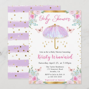 Invitación Acuarela Lluvia de Primavera Dorado y Morado Baby