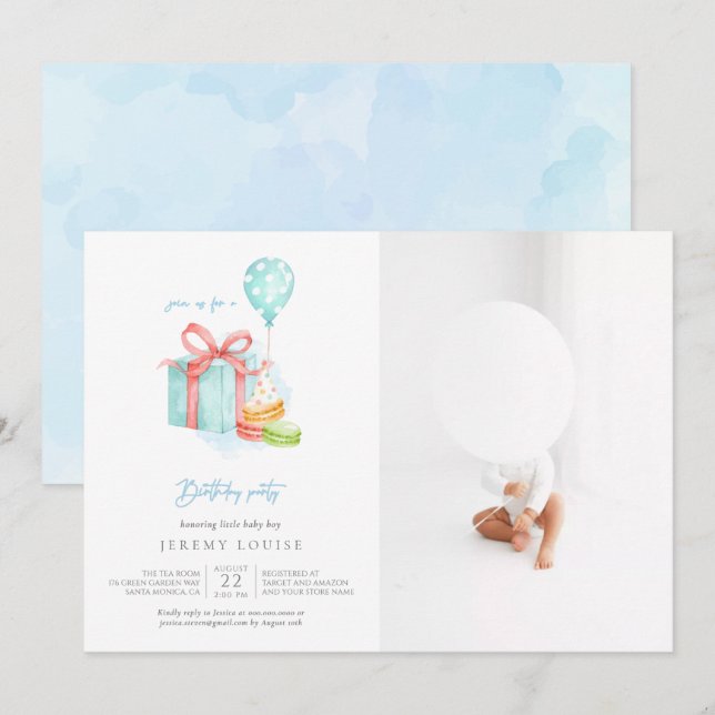Invitación Acuarela Macaroons Baby Boy Fantasma (Anverso / Reverso)