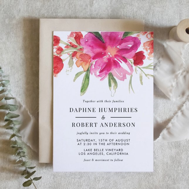 Invitación Acuarela Magenta Flores Rosa Boda Botánico (Magenta Pink Flowers Botanical Wedding Invitation)