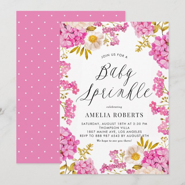 Invitación Acuarela Magenta Hidrangeas Bebé Floral Sprinkle (Anverso / Reverso)