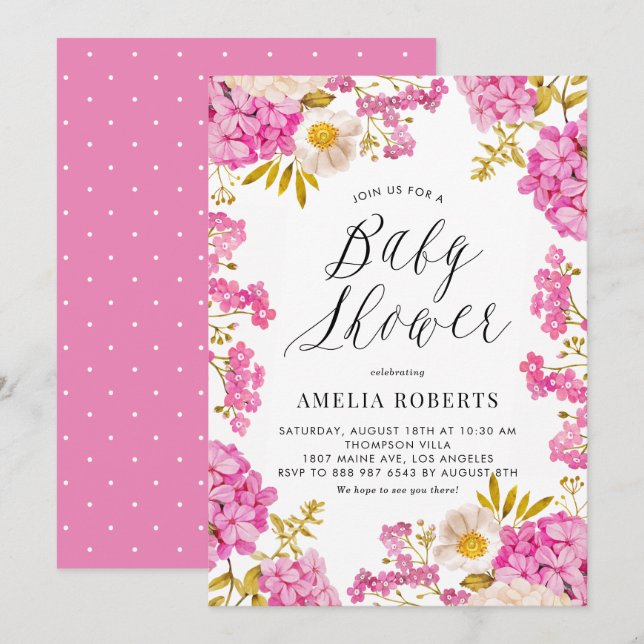 Invitación Acuarela Magenta Hydrangeas Baby Shower floral (Anverso / Reverso)