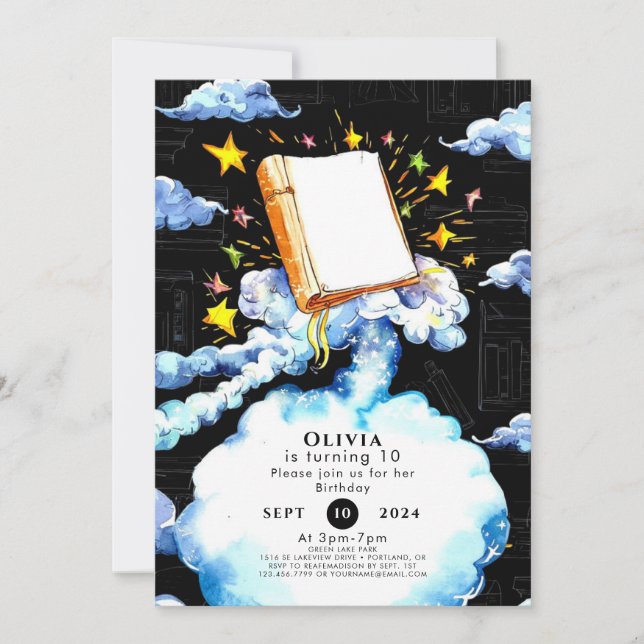 Invitación Acuarela Magia cuento de hadas cumpleaños libro de (Anverso)