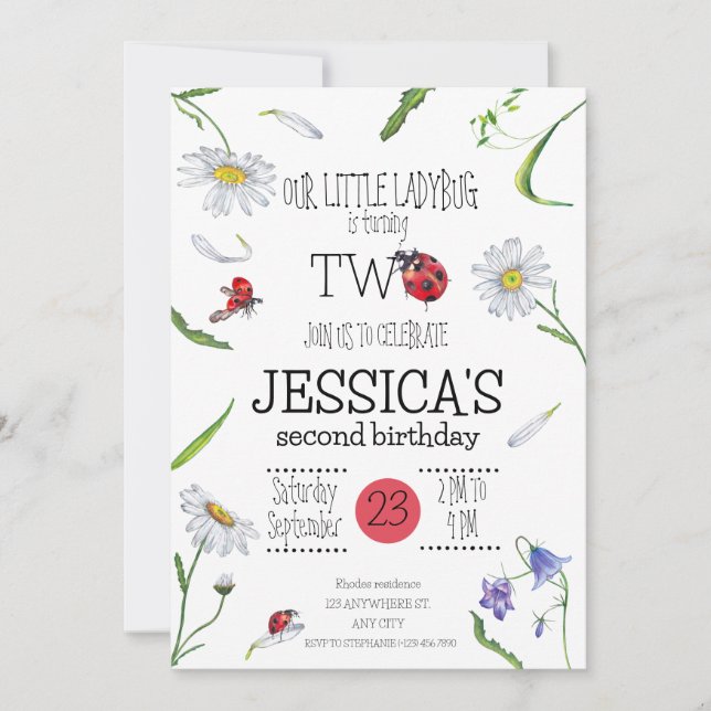 Invitación Acuarela mágica Cute segundo cumpleaños Chica Lady (Anverso)