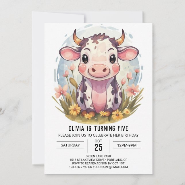 Invitación Acuarela Mágica de corral de vaca Cumpleaños (Anverso)