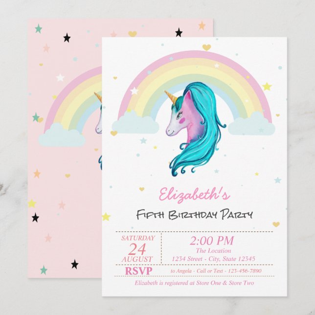 Invitación Acuarela mágica Unicornio Estrellas arcoiris Cumpl (Anverso / Reverso)