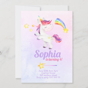 Invitación Acuarela Magnífica Unicornio Pastel de arcoiris Cu