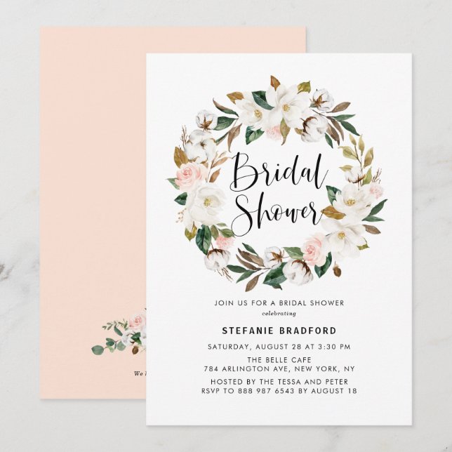 Invitación Acuarela Magnolia Cotton Wreath Bridal Ducha (Anverso / Reverso)
