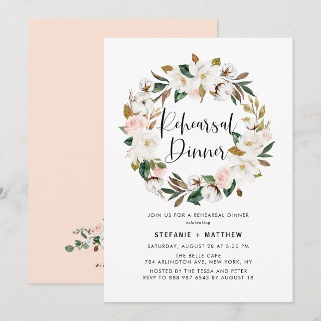 Invitación Acuarela Magnolia Cotton Wreath Ensayo Cena (Anverso / Reverso)